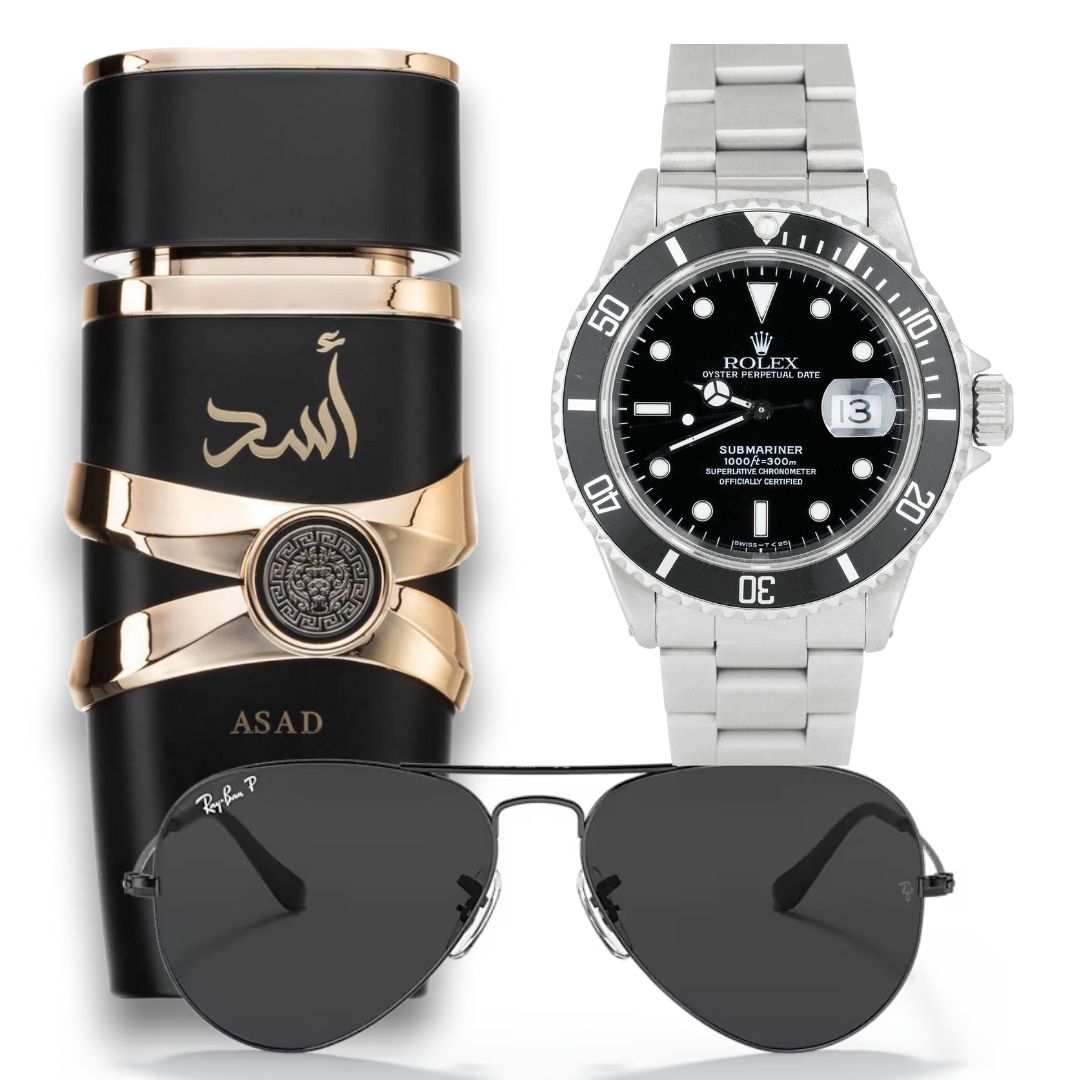 **"Kit de Lujo Exclusivo: Perfume Asad, Ray-Ban & Rolex Submariner